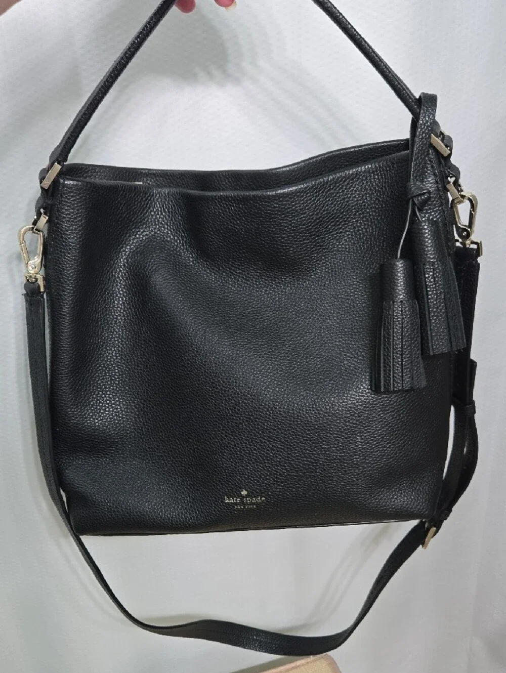 kate spade Black Pebbled Leather Hobo Shoulder Bag with Tassel